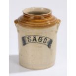 Stoneware storage jar, with printed label "SAGO", 21.5cm high