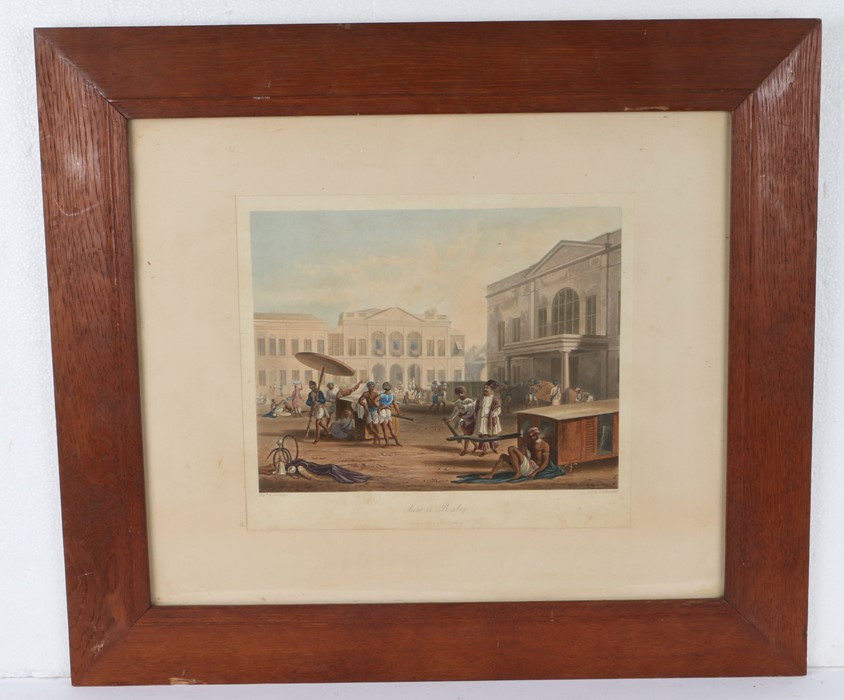 R.G.Reeve, coloured engraving 'Scene in Bombay', contained in oak and glazed frame, image size