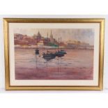Dennis Nash, Continental School, moored river boats with buildings to the background, signed