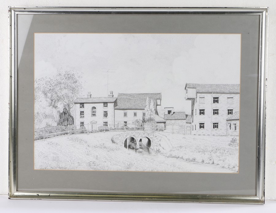 Pauline Sutcliffe, pen and ink study of a Suffolk mill, 53cm x 45cm