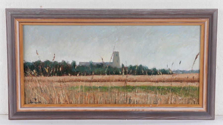 British 20th Century School, Church viewed from a field, indistinctly signed, 47cm x 22cm