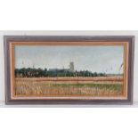 British 20th Century School, Church viewed from a field, indistinctly signed, 47cm x 22cm