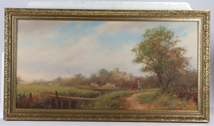 D Thompson, View of a church, signed oil on canvas, 90cm x 44cm