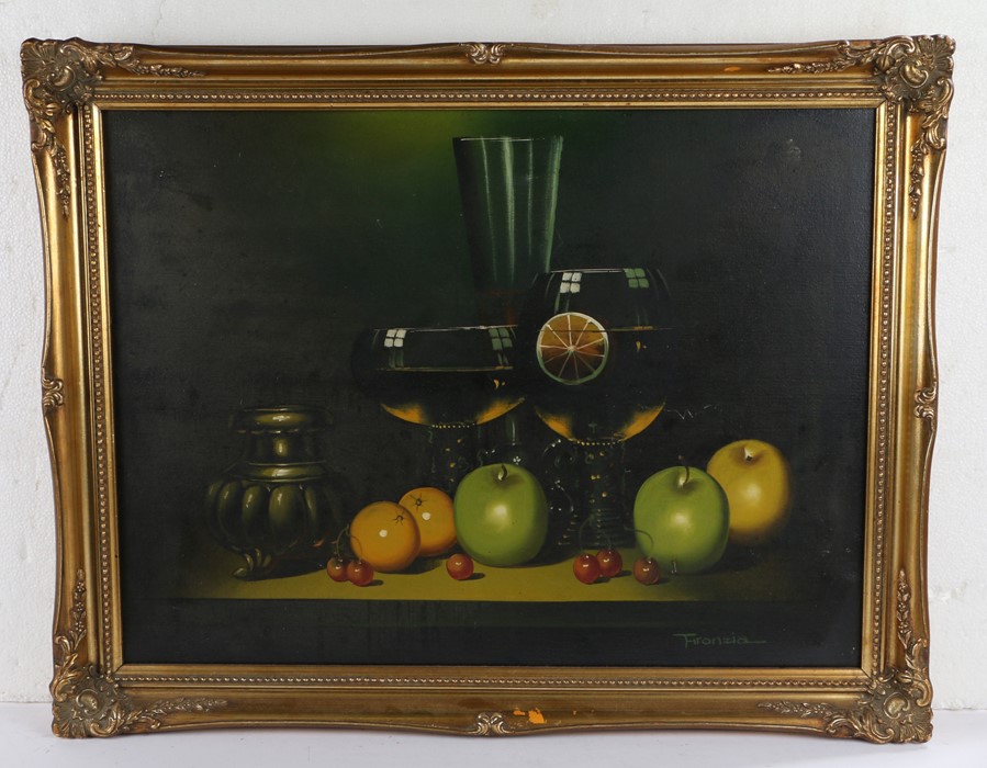 Fironzia, still life of fruit and glasses, signed oil on canvas, 60cm x 44cm