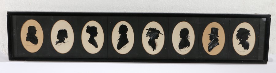 Eight framed silhouettes, Robert Burns, Elizabeth of Russia, Poet Shelley, Fanny Burney, Emperor