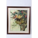 Alan Fairbrass, robin on a bird box amongst holly and mistletoe, signed watercolour, housed in a