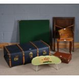 Bentwood mounted cabin trunk, small brown briefcase, kidney shaped folding lap tray, musical