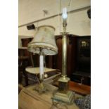 Gilt brass table lamp, with corinthian column, raised on a square foot, 66cm high excluding shade,
