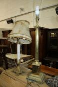 Gilt brass table lamp, with corinthian column, raised on a square foot, 66cm high excluding shade,
