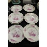 Set of seven Victorian porcelain plates, decorated with herons beside a river (7)