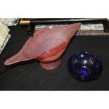 Art glass vase with red mottled body, blue glass shallow bowl (2)
