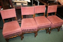 Set of four Cromwellian style dining chairs, with pad backs and stuff over seats on turned supports,