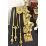 Brass companion set, comprising shovel, tongs and poker, pair of brass fire dogs, pair of brass