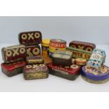 A collection of food related containers including Oxo, Marmite cubes, Colmans Mustard, and the first