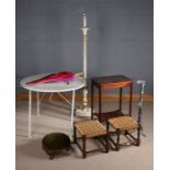 Two ropework stools, metal pricket candlestick, white painted standard lamp, circular stool,