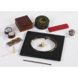 Mixed works of art to include a 19th Century metal snuff box, the lid with floral motif, a small