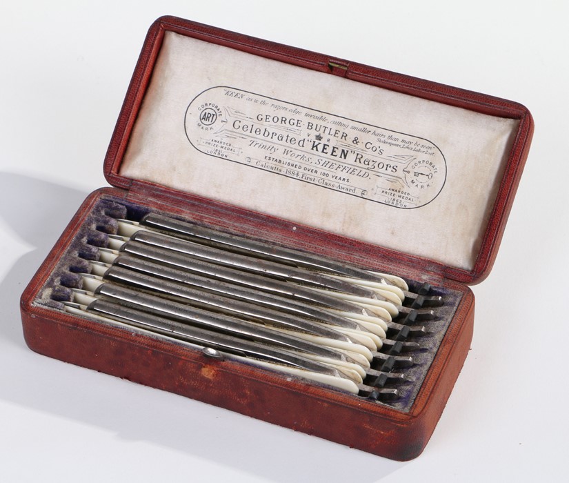 Victorian George Butler cased seven days razor set, the leather box with a silk interior named to