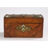Victorian walnut and gilt brass bound tea caddy, the slightly arched top with gothic style arched