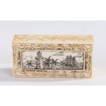 19th Century bone toothpick box, of rectangular form, the hinged lid a scrimshawed scene of a