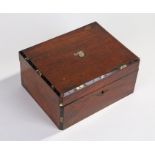 Victorian rosewood sewing/jewellery box, the hinged lid with brass, ebony and abalone inlay, opening
