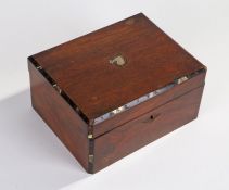 Victorian rosewood sewing/jewellery box, the hinged lid with brass, ebony and abalone inlay, opening