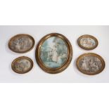 Five various 19th Century prints, all housed within gilt oval frames, the largest 29cm wide, the