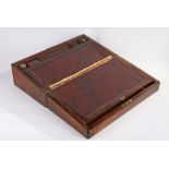 Victorian rosewood writing slope, the rectangular brass inlaid hinged lid opening to reveal a
