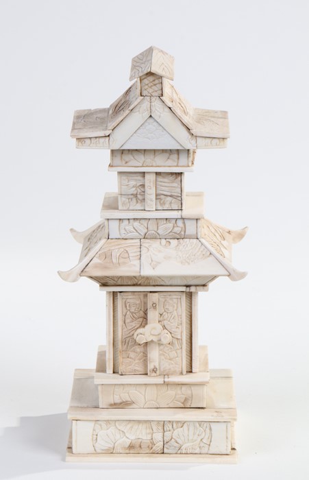 Japanese Meiji period carved ivory Zushi shrine, the square pagoda form with folding doors enclosing