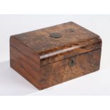 Victorian walnut box, the hinged lid with engraved inset plaque, opening to reveal a blue velvet