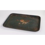 Victorian toleware tray, with floral border and centred with floral motif on green ground, 55.5cm