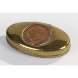 Miners brass twist tobacco box, of oval form, the hinged lid inset with a George V penny, 7.5cm