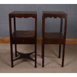 Near pair of George III washstands, the square top with an undulating collar, above a single drawer,