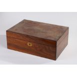 Victorian walnut writing box, of rectangular form, the hinged lid with brass inlaid cartouche