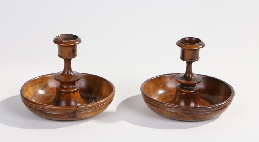 Pair of Jerusalem olive wood Brighton Bun travelling candlesticks, 12cm diameter (2)