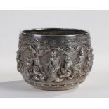 Indian White metal jardiniere, embossed with figures and an elephant, unmarked, 12.5cm wide x 9.