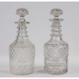 Near pair of 19th Century glass decanters, with ringed necks and hobnail bodies, each approx. 26.5cm