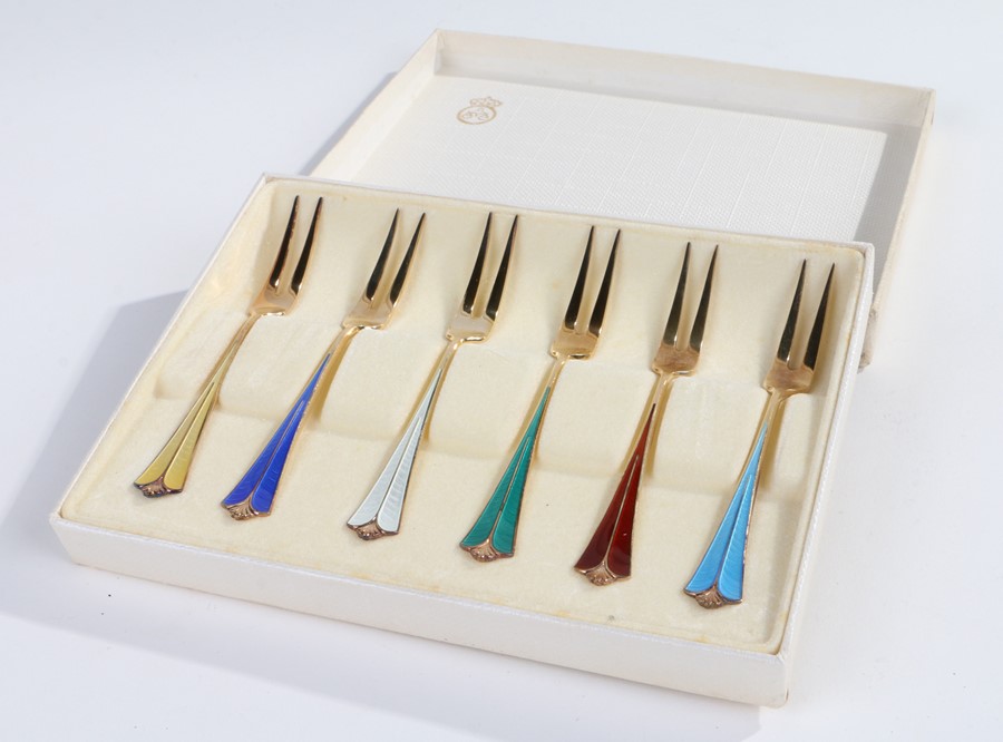 Set of six Norwegian sterling silver gilt cake forks, each with coloured enamel handles, stamped '