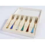 Set of six Norwegian sterling silver gilt cake forks, each with coloured enamel handles, stamped '
