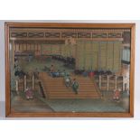 Japanese painting on silk depicting figures in an interior, housed in a glazed frame, the painting