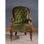 Victorian mahogany armchair, with green button upholstered back, arms and serpentine front seat,