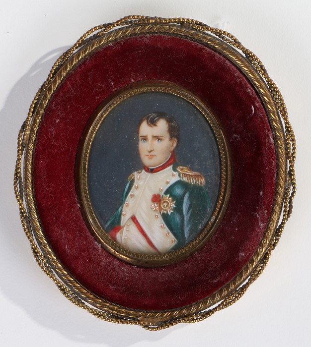 Hand painted portrait miniature depicting Napoloen Bonaparte, housed within a gilt metal frame