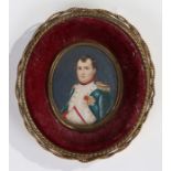 Hand painted portrait miniature depicting Napoloen Bonaparte, housed within a gilt metal frame