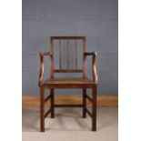 19th Century slat black elbow chair, with elm seat, 88cm high x 50cm wide