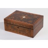 Victorian rosewood sewing box, the hinged lid with satin wood and mother of pearl inlay, opening