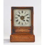 Late Victorian oak and inlaid mantle clock, having single glazed door enclosing a dial with roman