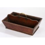 19th Century oak cutlery tray, with a shaped central divide and brass handle above the two