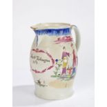 18th century porcelain jug, the body decorated with Oriental figures in a landscape, with