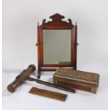 A collection of objects, to include a 19th century Indian box, a toilet mirror, a hammer and a