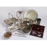 Collection of silver plated wares, to include a sauce boat and tray, tea pot, plate, skewers,