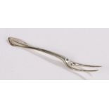 18th Century silver two pronged fork, feint marks to reverse of handle, the dog nose terminal with